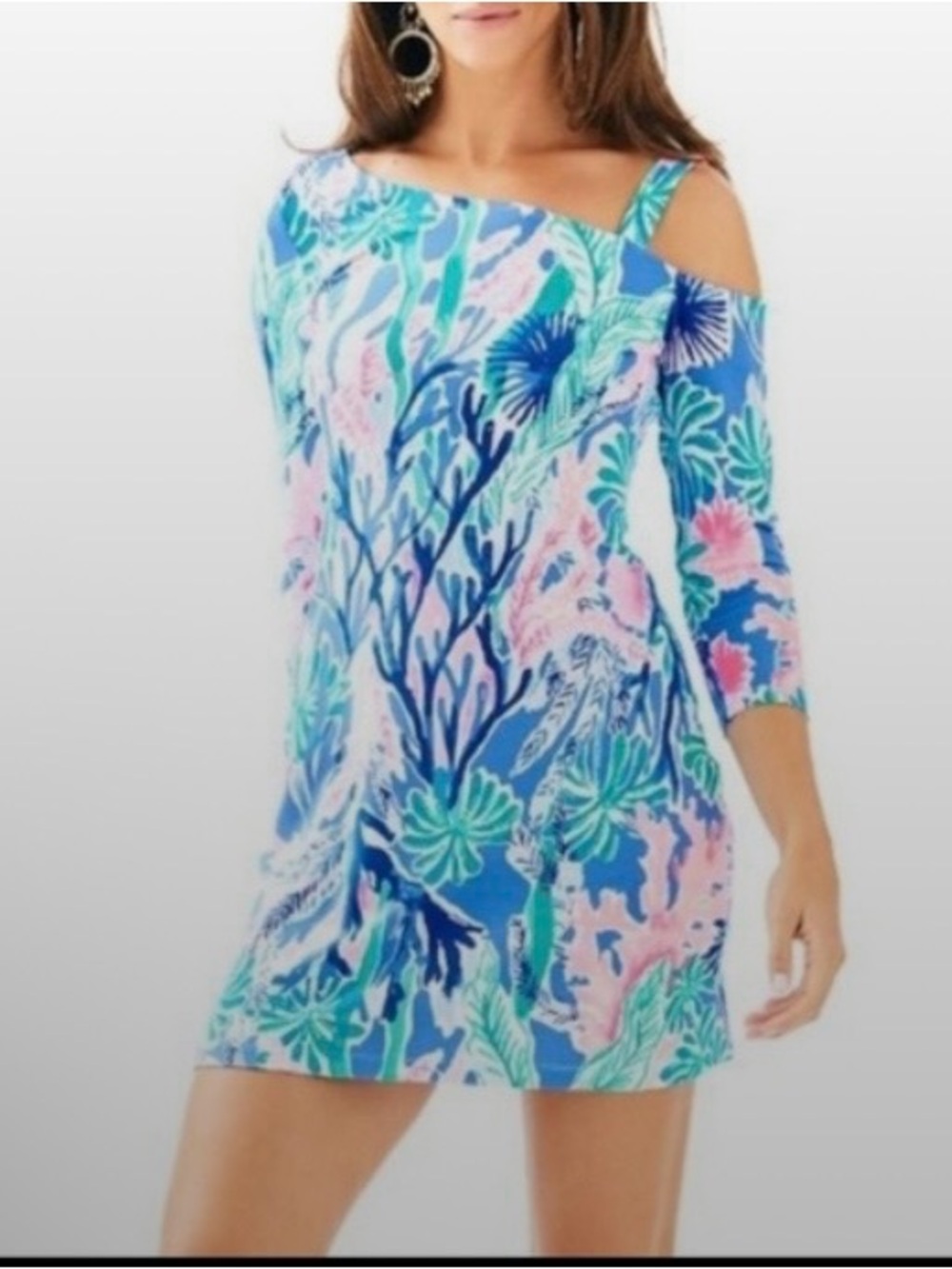 Lilly Pulitzer BLue Pink Jet Stream Lori Off The Shoulder Dress XXS Tropical